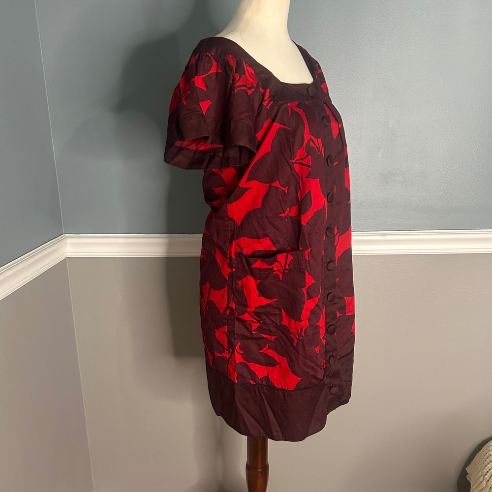 French‎ Connection Floral Print babydoll Dress Pockets Button Front Red Brown - Picture 7 of 8